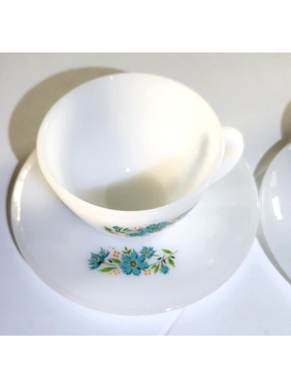 Vintage Fire-King Milk Glass Bonniie Blue Carnations Teacup & Saucer Set (4) - Picture 4 of 11